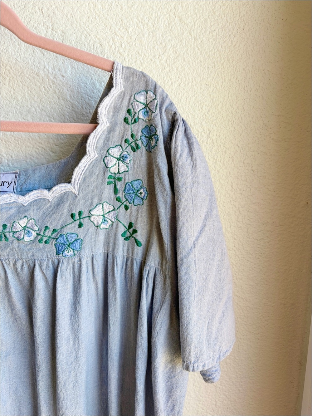90s Chambray Floral Embroidered Prairie Midi Dress 2X - Picture 3 of 5